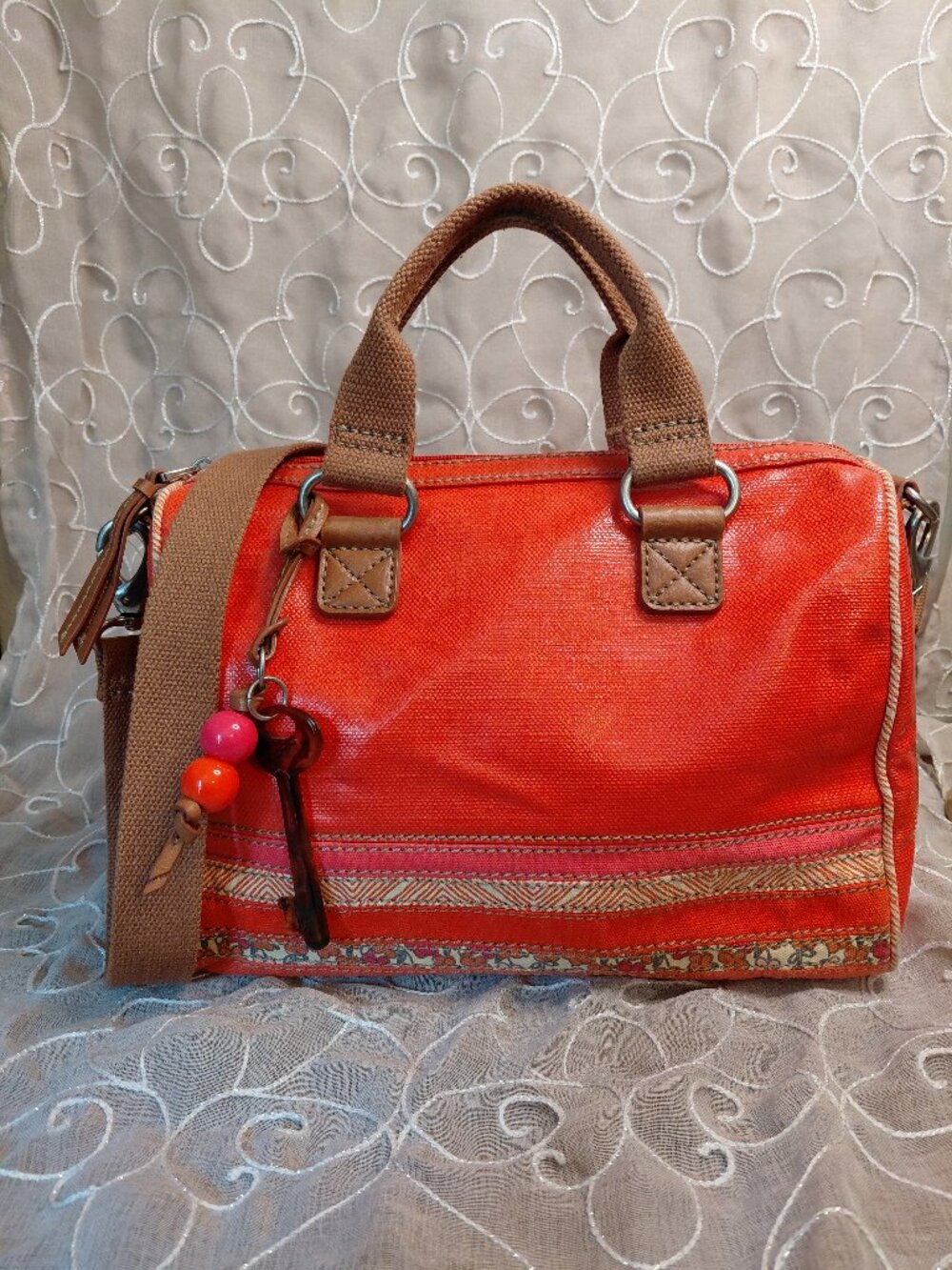 Fossil Orange Canvas Boston Bag Crossbody Charm